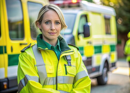 High-visibility medical uniform with paramedic logo on the sleeve, showcasing the pride and dedication of a female emergency medical technician at work.