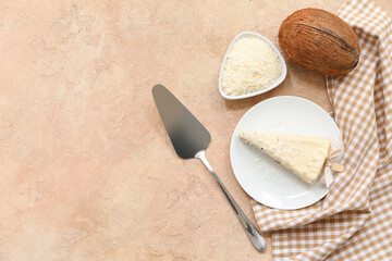 Plate with tasty cheesecake pop on grunge background with space for text