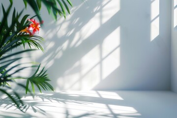 Empty white studio background for product presentation shadows of window flowers and palm leaves 3d room with copy space blurred summer concert back