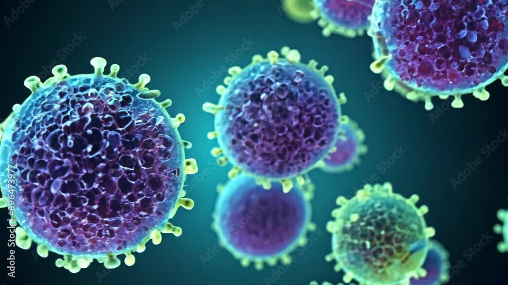 Poster a close-up of a group of virus particles suspended in a liquid medium, as seen under a microscope.
