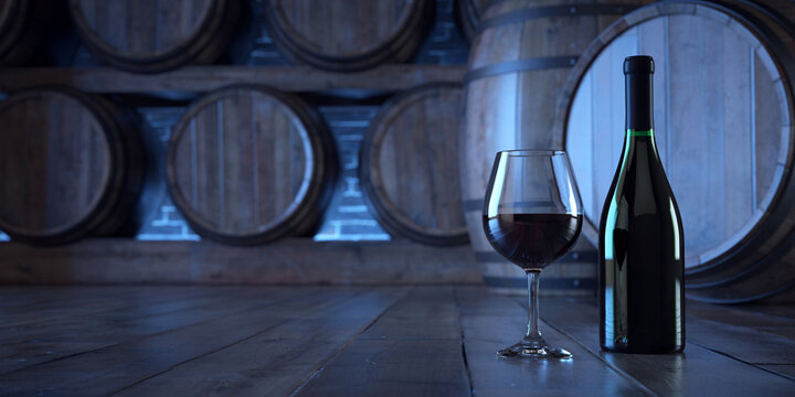 Wine glass next to bottle in a cellar with wooden barrels. 3D Render.
