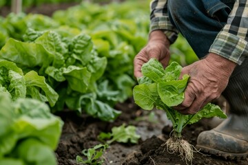 Fototapeta premium Farmer picking up fresh lettuce with roots