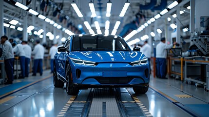 Obraz premium Blue Electric Car on Assembly Line in Factory