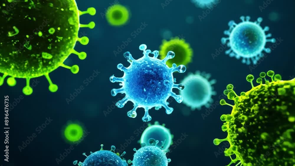Poster a digital illustration shows multiple viruses of different sizes and colors, with some green and som