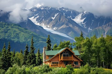 Alaskan log cabin with mountain forest glacier view