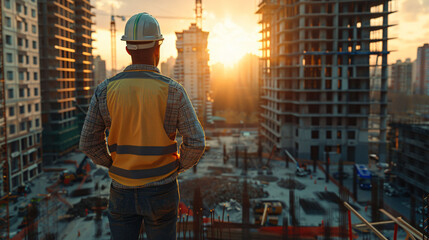 builder engineer stands looking at the construction site
