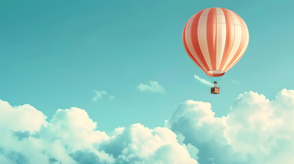 Fototapeta premium A hot air balloon in flight on a sky blue background.