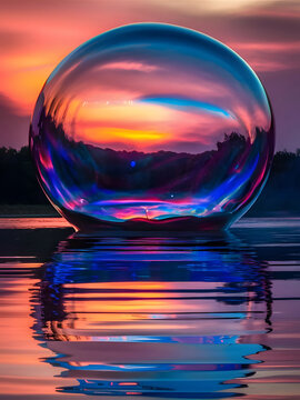 Una enorme pompa de jab&oacute;n que refleja los c&aacute;lidos tonos de una vibrante puesta de sol
