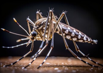 Macro shot of a single Aedes aegypti mosquito on a dark background, its distinctive white and black stripes visible, vector of Dengue, Zika, and Chikungunya viruses.