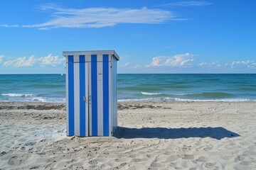Beach booth with blue and white stripes