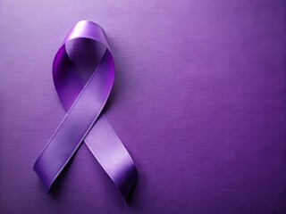 Purple ribbon on rich purple background symbolizing epilepsy awareness, with copyspace, also resonating with Alzheimer's and cancer awareness, representing hope and solidarity.