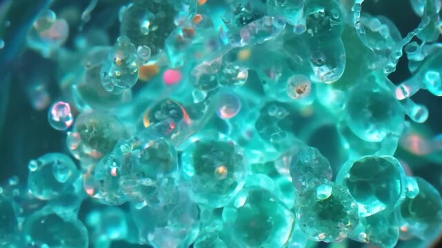 A blue and green organism glows brightly in a dark environment, its surface covered in numerous small bubbles.