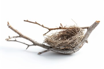 Bird nest empty on branch isolated on white