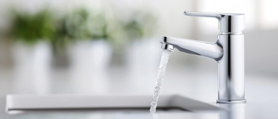 A close-up of a modern faucet with running water, showcasing contemporary design and simplicity in a bright, clean kitchen environment.
