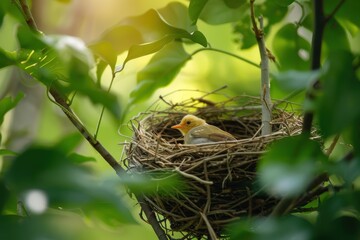 Bird perched in tree nest in natural setting