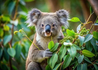 Obraz premium Adorable koala perched peacefully in a eucalyptus tree, munching on fresh green leaves, surrounded by lush foliage in a serene Australian woodland setting.