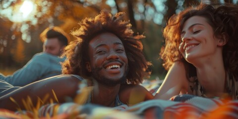 Obraz premium A man and a woman lying together in a green meadow, enjoying the outdoors