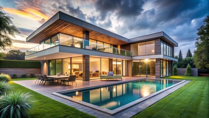 Fototapeta premium Modern Villa with Pool and Sunset Sky, Luxury Home, Swimming Pool, Architecture, Contemporary Design