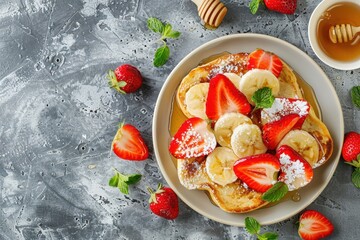 French toast with honey banana and strawberries on a gray background top view with space for text