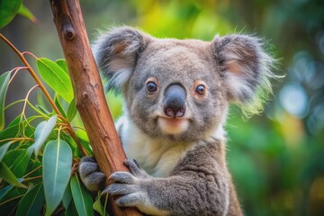 Obraz premium Adorable koala clings to a eucalyptus branch, its soft fur and big round eyes making it a charming symbol of Australian wildlife in its natural habitat.