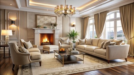 Luxurious beige sofa and matching armchairs sit atop a large plush area rug, illuminated by warm fireplace light in this stylish and inviting living room.