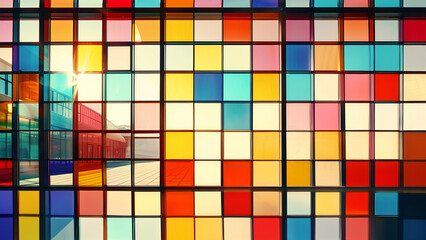 Colorful Glass Mosaic Wall Background, a vibrant and modern room with a wall of colorful glass panels in red, blue, yellow, and other bright colors, a Korean traditional style color combination