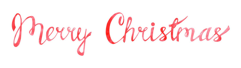 Merry Christmas text calligraphy red watercolor illustration. Handwritten inscription with paint. Lettering isolated from background. Holiday phrase for t-shirts, cards, cards, posters, invitations