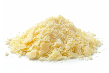 Grated parmesan cheese on white background