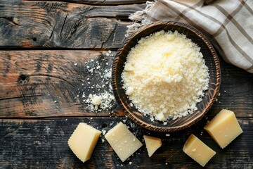 Grated parmesan cheese in a bowl on rustic table Top down view