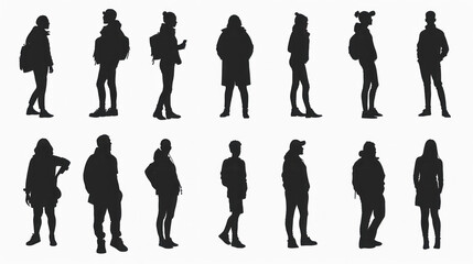 diverse group of people silhouettes standing together, isolated on white background