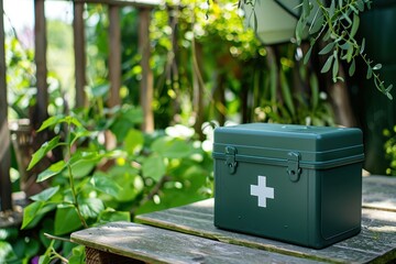 Green first aid kit placed on garden table