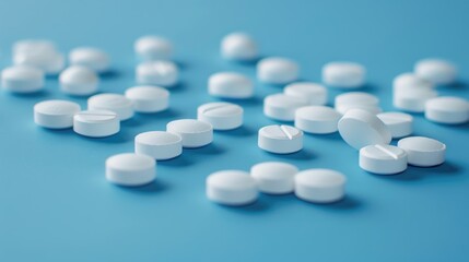 White circular pills arranged on a blue surface