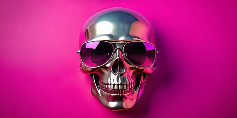 Vibrant pink background showcases a sleek, metallic skull adorned with trendy shades, radiating a rebellious, edgy vibe with a hint of playful, carefree attitude.