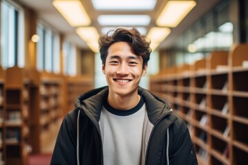 Fototapeta premium Portrait of a smiling male student in university library