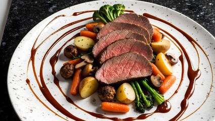 Grilled steak, boiled potatoes, sauce and mix vegetables. Ai Generative.