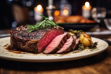 Close up of a medium rare steak served in a restaurant