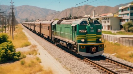 Naklejka premium A Green Locomotive Traveling Through a Scenic Mountainous Landscape