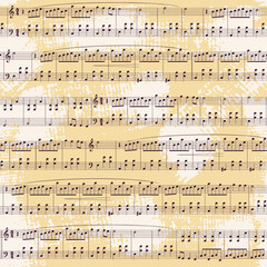 Musical notes seamless pattern with abstract retro background. Template for design of fabric, textile, wrapping. Vector background with a musical theme