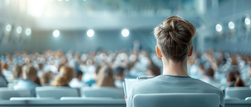 A focused individual attending a conference, gazing at a large audience in a modern auditorium, embodying engagement and learning.