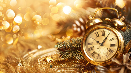 A New Year’s clock on a gold background.


