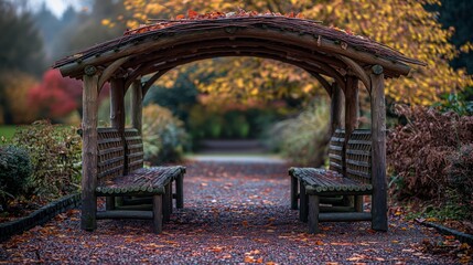 Obraz premium Wooden Arbor with Benches in an Autumnal Park