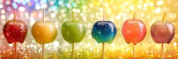 Colorful Candy Apples on Sticks with Bokeh Background