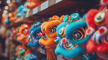 Colorful Chinese Lion Dance Masks on Display