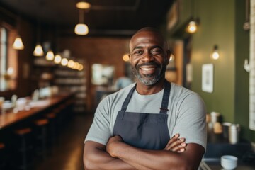 Smiling portrait of a confident middle aged male African American bartender