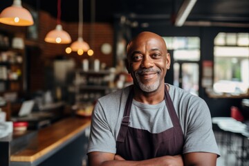 Fototapeta premium Smiling portrait of a confident middle aged male African American bartender