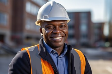 Portrait of a smiling African American mature businessman on construction site