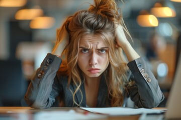 Fototapeta premium Frustrated Woman Holding Head In Modern Cafe