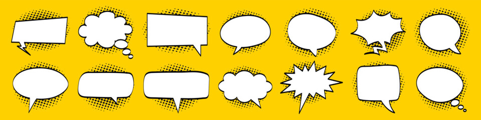 Naklejka premium Comic speech bubbles set. Retro empty message bubble with black halftone shadows on yellow background. Vintage design, pop art style.