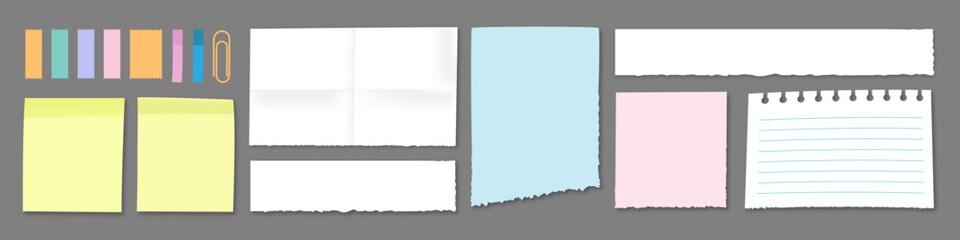 Paper sticky notes, memo messages, notepads and torn paper sheets. Blank notepaper of meeting reminder. To-do list and office notice. Information board with appointment notes.