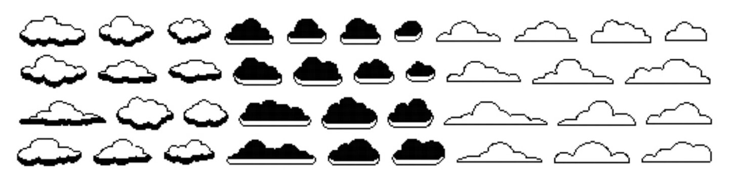 Pixel clouds. Retro 8 bit blue sky aerial cloud pixel art. Digital clouds pixel art icon set. Flying white computer clouds on blue sky.